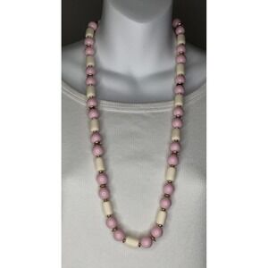 Vtg‎ Pastel Pink/Cream Beaded Necklace Summer Statement Retro Mid-Century Modern